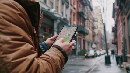 Tourist person navigating city street use tablet or mobile cell phone with map display. Urban scene. Town background. City exploration and GPS technology. Man hand hold navigator search place location