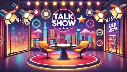 a vibrant illustration of a talk show stage, featuring two chairs and a round table in the center, s