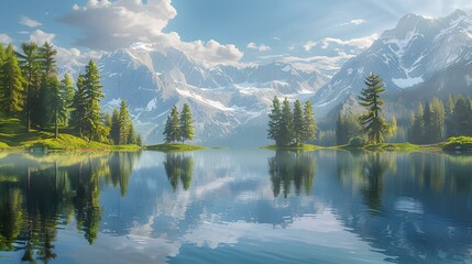 Wall Mural - A tranquil mountain lake with a perfect reflection of the surrounding peaks and trees.