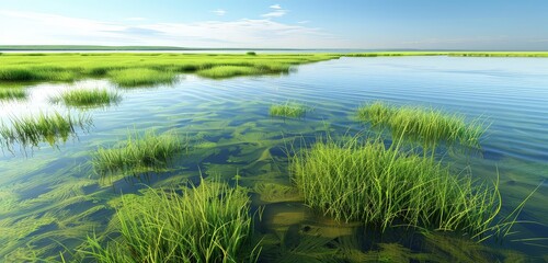 Wall Mural - A dynamic 3D rendering of a green grassland with lakes, showcasing the vibrant green grass, clear water surfaces, and realistic reflections in a serene landscape.