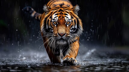 majestic tiger walking through water in the rain, intense gaze, dramatic wildlife scene