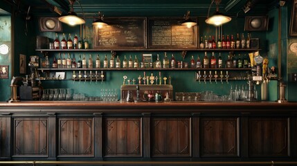 the counter bar in a cosy old english or irish pub with lots of whisky bottles in the background