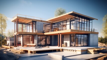 Poster - vision of architecture of a 3d model house project with blueprint