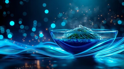 Wall Mural - A steaming bowl of noodles sits in a glass bowl, surrounded by vibrant blue and teal lights, creating a magical, ethereal atmosphere.