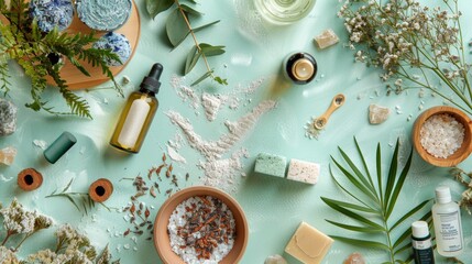 An artistic arrangement of natural wellness products displayed at a spa, emphasizing a sense of tranquility and luxury