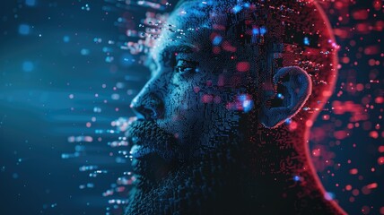Wall Mural - Digital artwork of male profile with cubes dispersing from the head. Abstract design of male human head with some part of head transform to cube. Abstract technology and human concept. Poster. AIG53F.