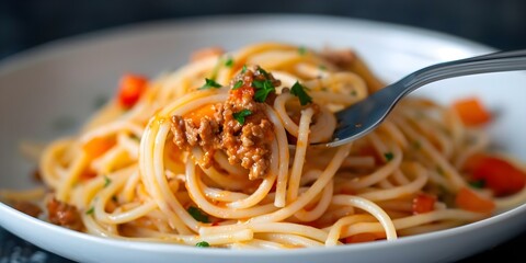 Wall Mural - Close-up of spaghetti bolognese with meaty sauce and vegetables on a fork. Concept Food Photography, Spaghetti Bolognese, Close-up Shots, Delicious Meals, Culinary Art