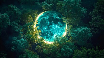 Sticker - neon crescent shining in the midst of a dense forest of vibrant lime and sparkling turquoise