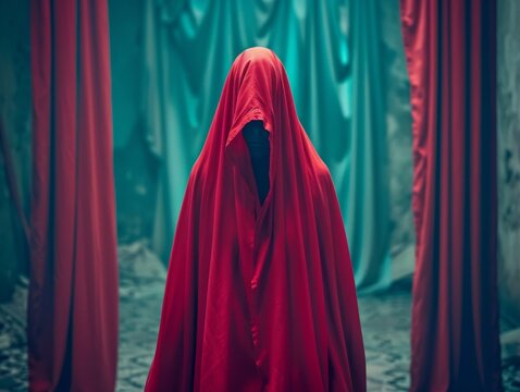 Medium shot of A dark faceless figure in a scarlet robe with hoodie walks along, themed background