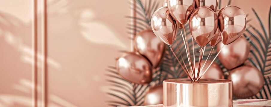 A podium with metallic balloons in rose gold, set against a chic, trendy birthday background with stylish patterns