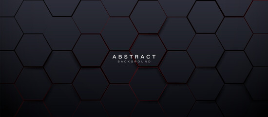 Wall Mural - Abstract black hexagon geometric pattern background with red glowing lines. Futuristic digital high-technology banner. Vector illustration