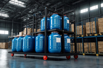 Wall Mural - Industrial interior of warehouse storage of chemical liquids on racks and trolley. Liquid blue package storage in warehouse. Concept of industry warehousing and stored of goods. Copy ad text space