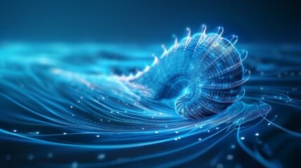 Wall Mural - A luminous, intricate shell-like structure glows in vibrant blue hues against a dark background, with delicate, flowing lines extending outward.