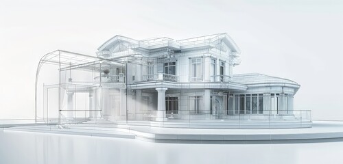 An elegant 3D rendered background of a residential house with a protective shield, showcasing intricate architectural details and a transparent, protective barrier.