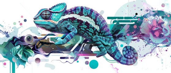 Wall Mural - Minimal and Psychedelic Digital Illustration of a Chameleon with Abstract Geometric and Vibrant Elements