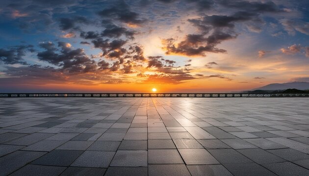 dark floor background with beautiful sunset cloud night sky horizon the vacant marble mosaic square high quality photo