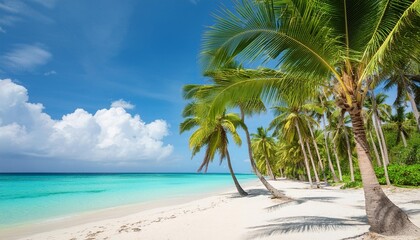 Poster - sunny tropical white sand beach with coconut palm trees and turquoise sea summer vacation and tropical beach concept