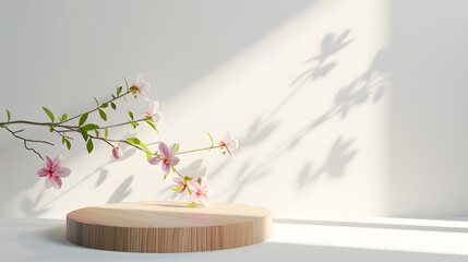 Leinwandbilder - Geometric empty podium wooden platform stand for product presentation and spring flowers and shadows on white background : Generative AI