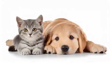 Wall Mural - golden retriever puppy and cute kitten lie together isolated on transparent background png two puppies post processed generative ai