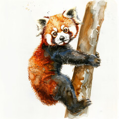 A playful red panda climbing a tree, depicted in lively watercolor illustrations, beautifully isolated on a pristine white background