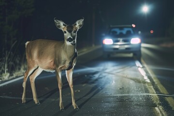 wildlife photo of a deer standing beside a parked car, possibly injured or seeking shelter