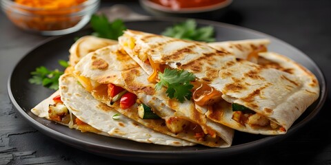 Wall Mural - Enhancing Every Bite Quesadillas with Caramelized Cheese and Vegetables. Concept Food Photography, Mexican Cuisine, Cooking Techniques, Flavorful Ingredients, Culinary Art