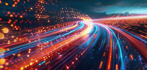 Wall Mural - A high-definition 3D rendered image of a highway road merging with a digital landscape, with vibrant digital patterns and futuristic light effects.