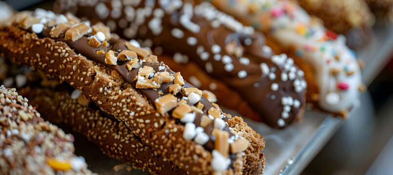 Close-up of fast food biscotti showcasing detailed textures of the crunchy cookies and various toppings