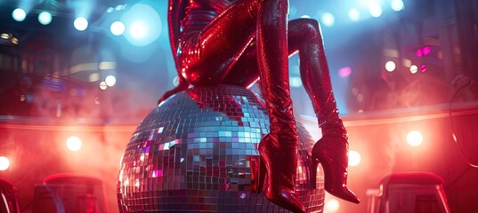 Wall Mural - Close-up of person in red sequin outfit with high heels sitting on disco ball in a party setting. Studio shot with colorful lights and balloons. Nightclub and party concept for poster and banner.