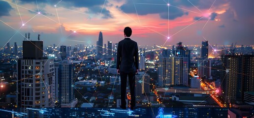 Wall Mural - Businessman standing at office with abstract line and dot connections, overlooking a panoramic city view. Digital cityscape and technology network background for future business growth and smart city.