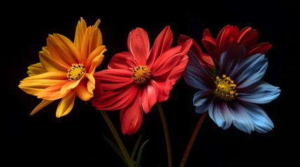 Poster - Colorful flowers against a black background in a studio environment : Generative AI