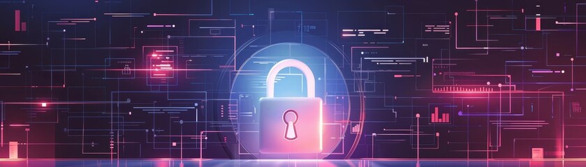Wall Mural - Cyber Security Concept with Padlock on Digital Network - A glowing padlock is the focus of this illustration representing cyber security on a background of digital code.