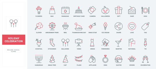 Birthday party, national and religious holidays and fun events line icons set. Dinner or banquet decoration and food, cake and gift, bouquet thin black and red outline symbols vector illustration