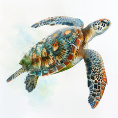 A serene turtle swimming gracefully, rendered in gentle watercolor tones, beautifully isolated on a pristine white background