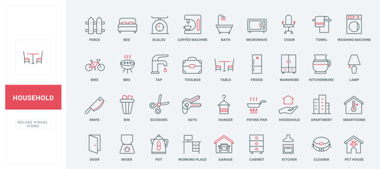 Wall Mural - Household equipment, kitchen tools for cooking and electric appliances line icons set. Domestic smart devices, home office furniture and machines thin black and red outline symbols vector illustration