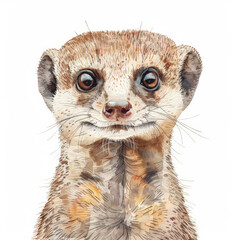 Wall Mural - A curious mongoose with keen eyes, depicted in soft watercolor hues, beautifully isolated on a pristine white background