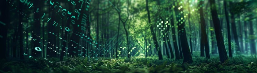 Digital Data in a Lush Forest - A mystical forest setting with glowing green digital code floating among the trees.