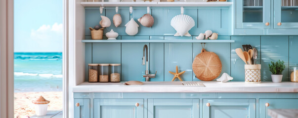 Beach house kitchen podium background with light blue cabinets, a white countertop, and nautical decor. Shells, starfish, and a view of the ocean complete the serene setup.