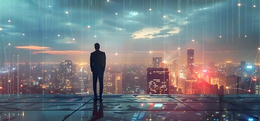 Wall Mural - Businessman standing at office with abstract line and dot connections, overlooking a panoramic city view. Digital cityscape and technology network background for future business growth and smart city.