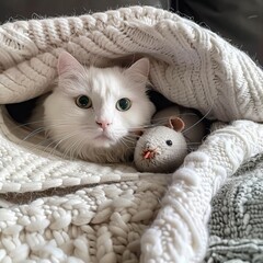 Wall Mural - white cat with green eyes under a blanket and with a stuffed rat