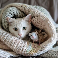 Wall Mural - white cat with green eyes under a blanket and with a stuffed rat