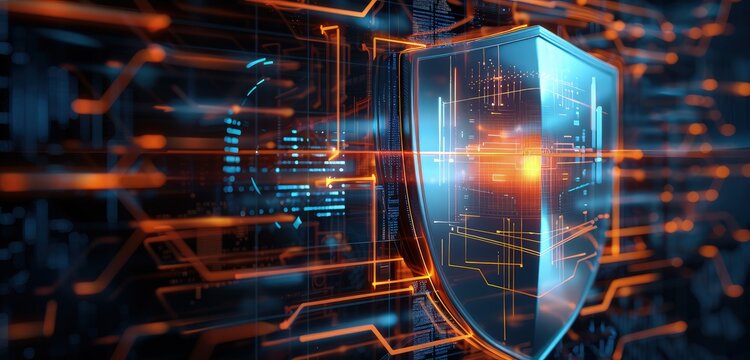 A high-resolution 3D rendering of a safety shield with a technology-inspired background, emphasizing the shield's glossy surface and the intricate digital elements behind it.