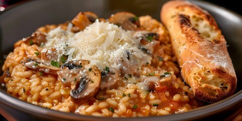 Wall Mural - Italian Risotto with Sautéed Mushrooms, Parmesan, Homemade Breadsticks, and Red Wine. Concept Italian Cuisine, Risotto Recipe, Mushroom Dish, Homemade Breadsticks, Wine Pairing
