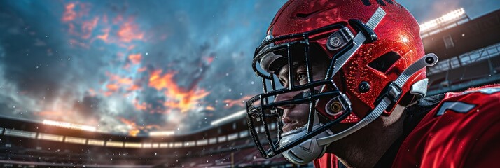 Wall Mural - American Football Player In Helmet Under a Dramatic Sky