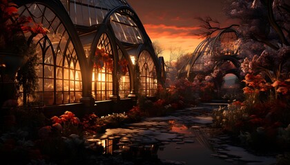 Wall Mural - Panoramic view of a greenhouse in an autumn forest during sunset