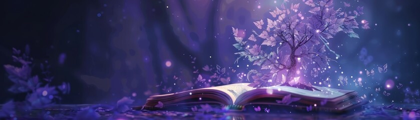 Wall Mural - A Tree Sprouting from an Open Book - A magical tree with purple leaves sprouts from an open book, surrounded by glowing butterflies. The scene is set in a dark forest with a dreamy, ethereal atmospher