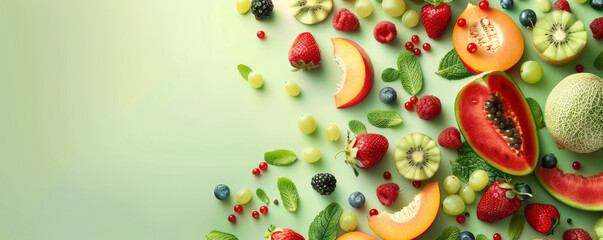 A dynamic fruit background with a variety of summer fruits including berries and melons, spread over a light green surface, perfect for a refreshing and energetic theme
