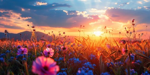 Wall Mural - Sunset Over a Field of Wildflowers
