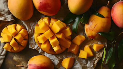 Wall Mural - fresh mango top down view background poster 