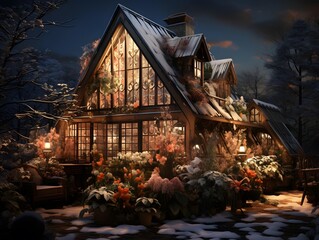 Wall Mural - Beautiful cottage in the winter forest at night. 3d rendering